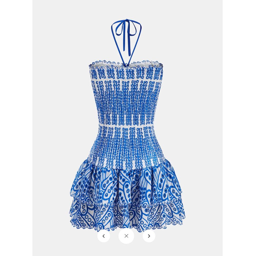 NWT Commense Halter Smocked Embroidered Layered Mini Dress Sz S - Picture 2 of 4